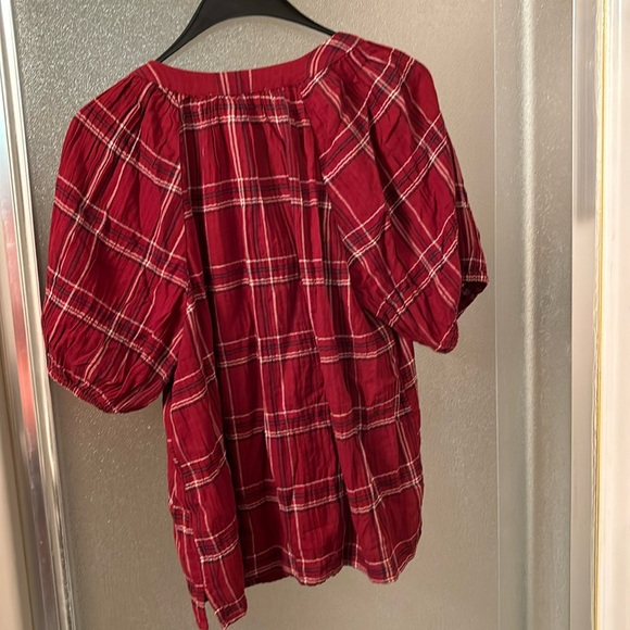 Loft Red Plaid Tie-Neck Puff Sleeve Top - Picture 5 of 5